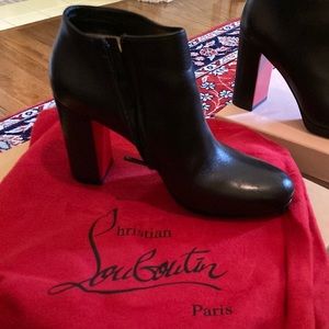 Christian Louboutin Black Calf skin Ankle Boots Chunky Block Heel Platform 37